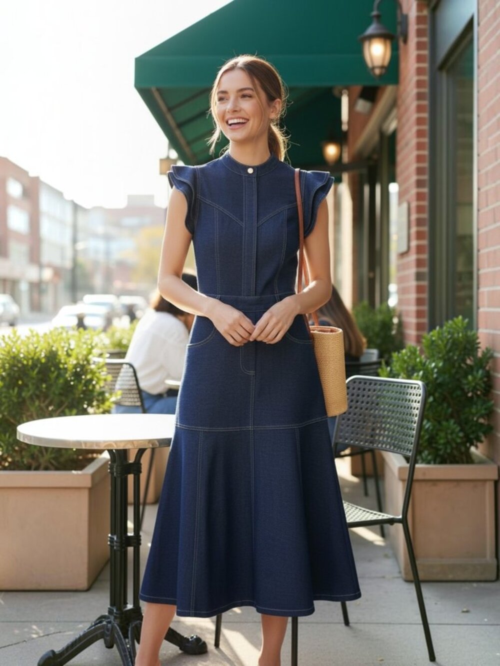 NWT Area Stars Denim Mock Neck Fit & Flare Midi Dress Ruffle Sleeve XS - $195
